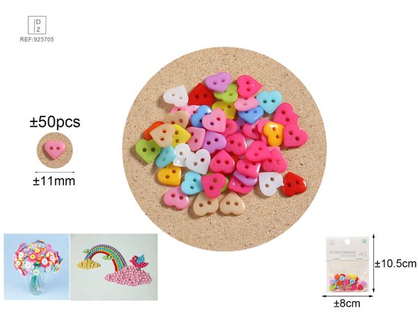BOTÕES CORAÇÃO COLORIDOS ±11MM 50PEÇAS