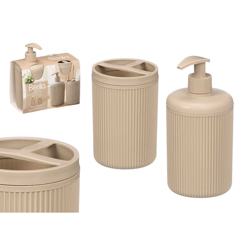 Conjunto Dispensador Copo Riscas Bege