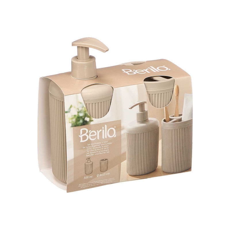 Conjunto Dispensador Copo Riscas Bege