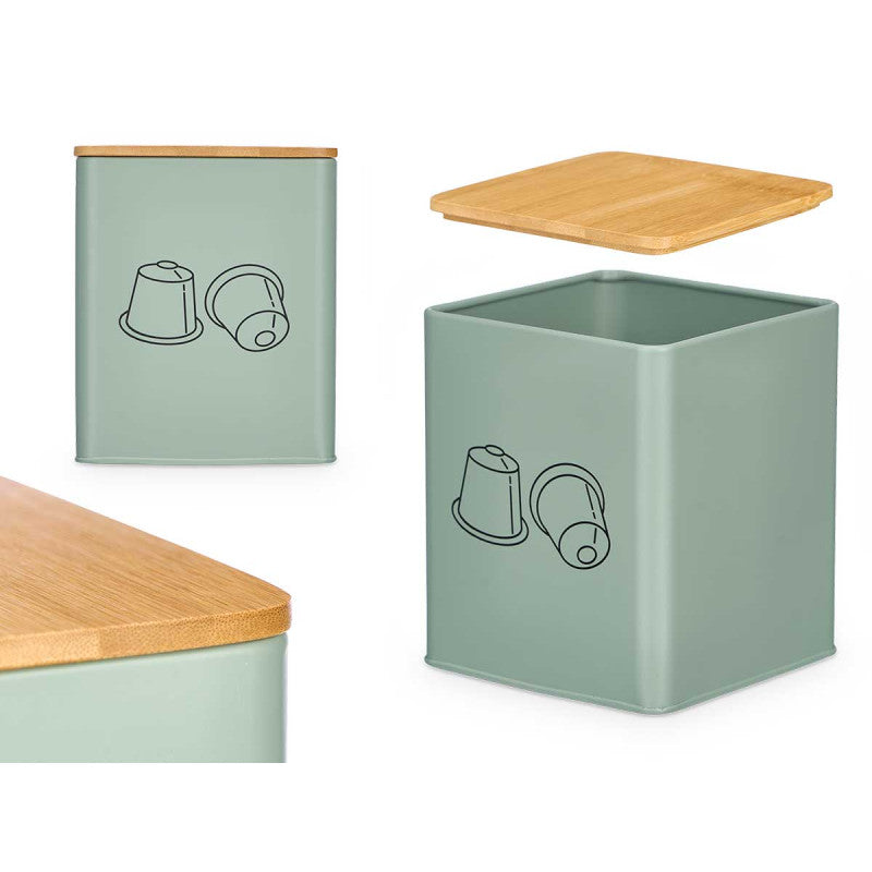 JARRO DE COZINHA QUADRADO COM TAMPA DE BAMBU SUPORTE PARA CÁPSULAS MENTA